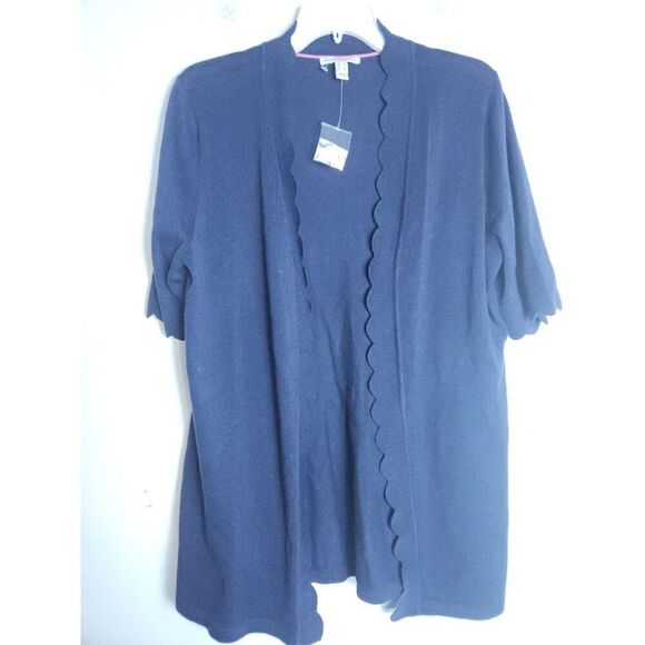 NWOT Isaac Mizrahi Live Blue w/Pink Trim Scalloped Hem  Cardigan Sweater Large - Picture 1 of 7